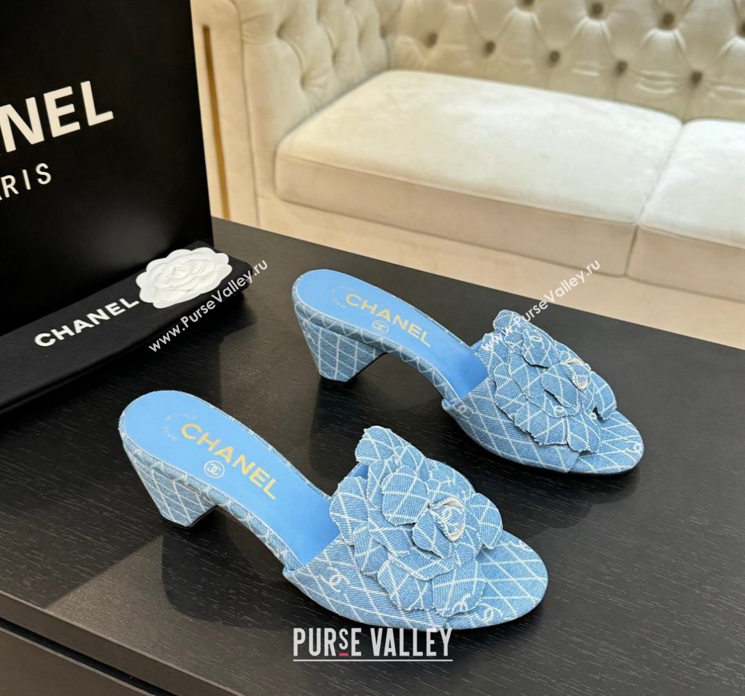 Chanel Denim Heel Slides Sandal 7cm with Camellia Light Blue 2025 CH061017 (MD-250610103)