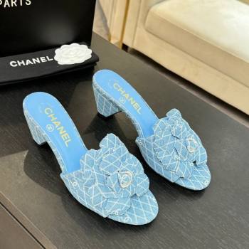 Chanel Denim Heel Slides Sandal 7cm with Camellia Light Blue 2025 CH061017 (MD-250610103)