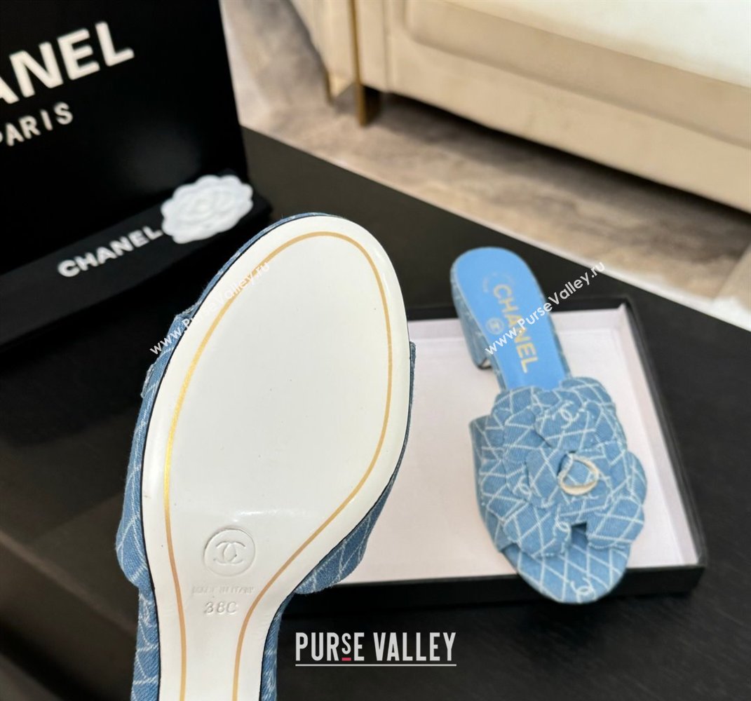 Chanel Denim Heel Slides Sandal 7cm with Camellia Light Blue 2025 CH061017 (MD-250610103)