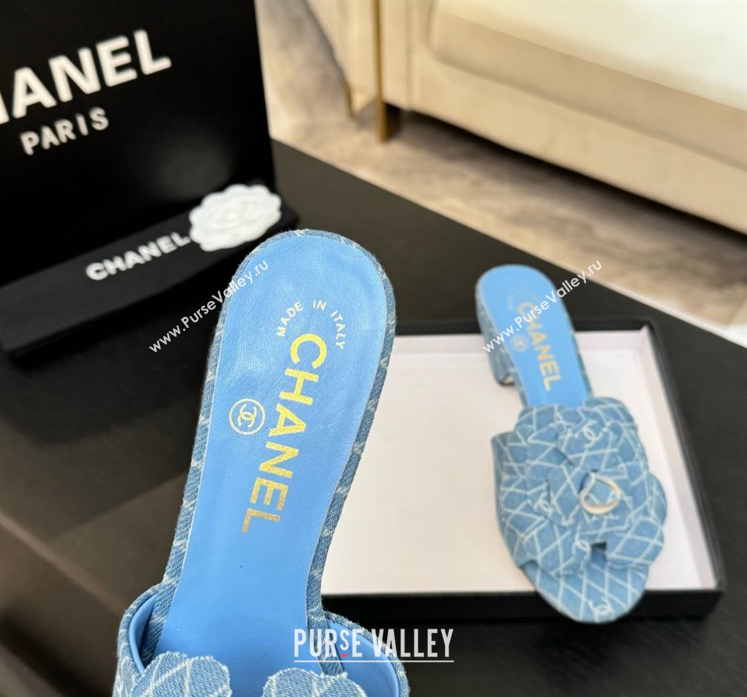 Chanel Denim Heel Slides Sandal 7cm with Camellia Light Blue 2025 CH061017 (MD-250610103)