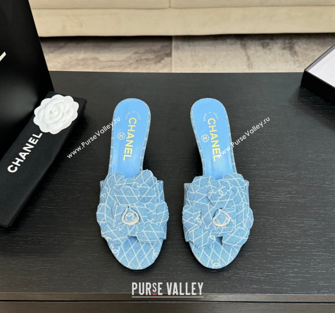 Chanel Denim Heel Slides Sandal 7cm with Camellia Light Blue 2025 CH061017 (MD-250610103)