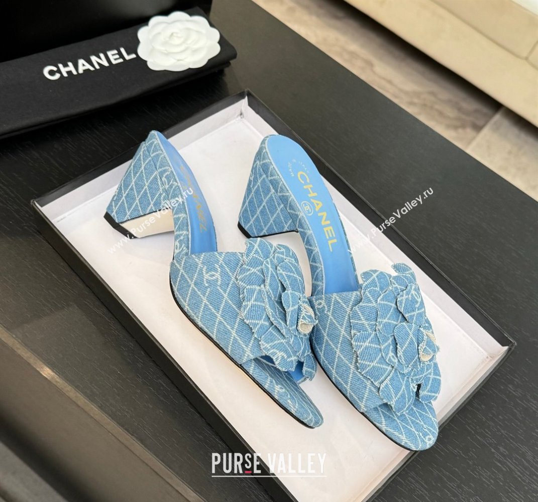 Chanel Denim Heel Slides Sandal 7cm with Camellia Light Blue 2025 CH061017 (MD-250610103)