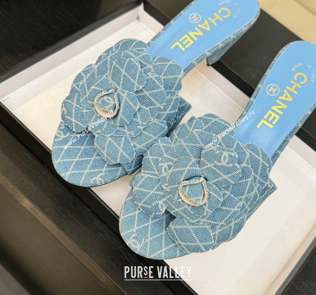 Chanel Denim Heel Slides Sandal 7cm with Camellia Light Blue 2025 CH061017 (MD-250610103)