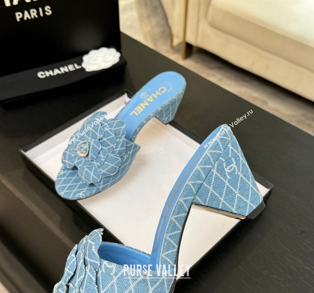 Chanel Denim Heel Slides Sandal 7cm with Camellia Light Blue 2025 CH061017 (MD-250610103)