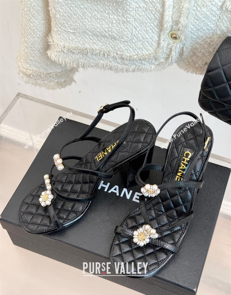 Chanel Calfskin High Heel Sandals with Pearl Bloom Black 2025 CH061020 (MD-250610116)