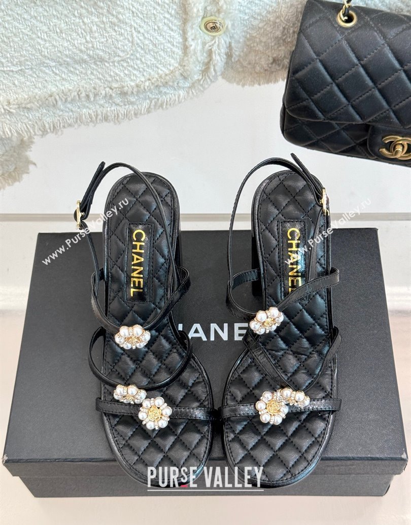 Chanel Calfskin High Heel Sandals with Pearl Bloom Black 2025 CH061020 (MD-250610116)