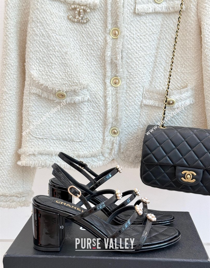 Chanel Calfskin Leather Heel Sandals with Pearl Bloom Black 2025 CH061020 (MD-250610117)