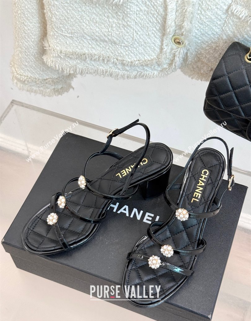 Chanel Calfskin Leather Heel Sandals with Pearl Bloom Black 2025 CH061020 (MD-250610117)
