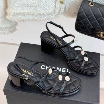 Chanel Calfskin Leather Heel Sandals with Pearl Bloom Black 2025 CH061020 (MD-250610117)