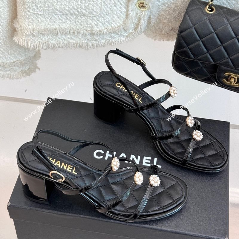 Chanel Calfskin Leather Heel Sandals with Pearl Bloom Black 2025 CH061020 (MD-250610117)