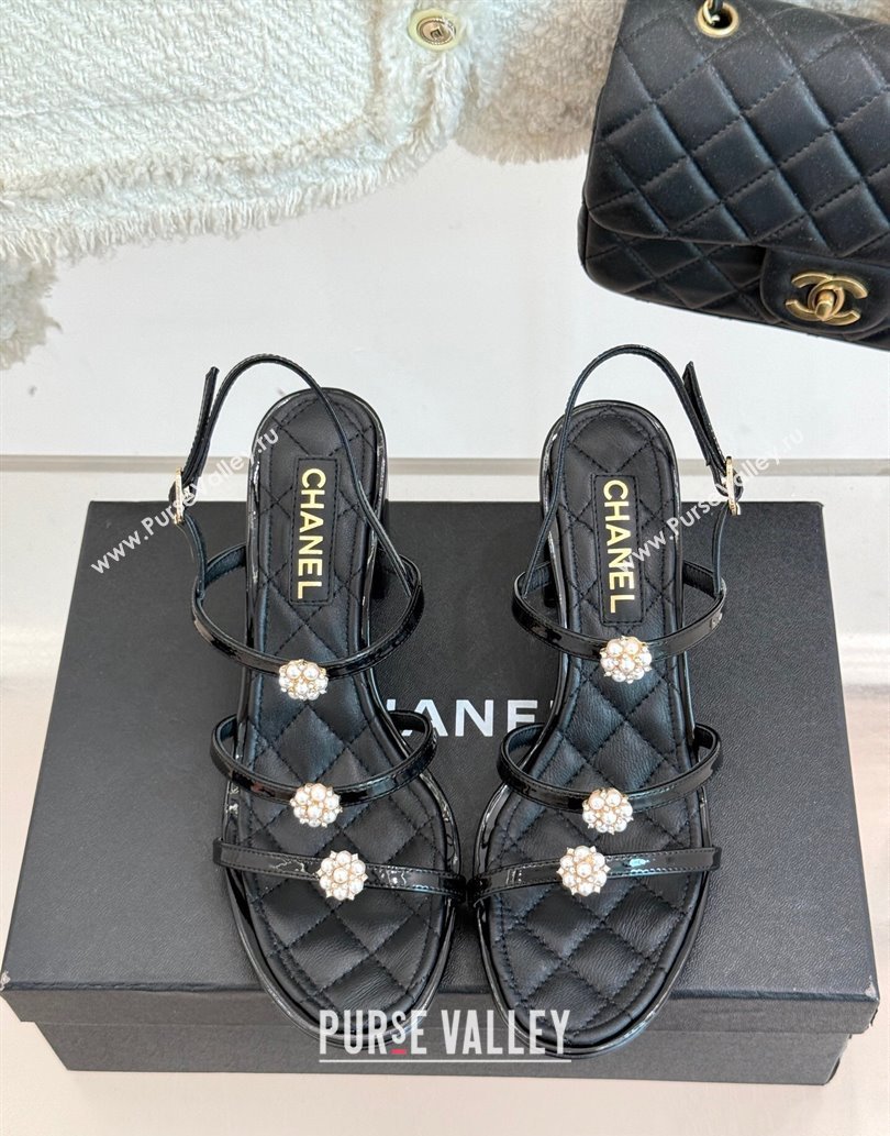Chanel Calfskin Leather Heel Sandals with Pearl Bloom Black 2025 CH061020 (MD-250610117)
