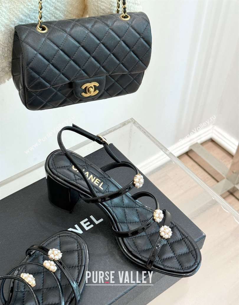 Chanel Calfskin Leather Heel Sandals with Pearl Bloom Black 2025 CH061020 (MD-250610117)
