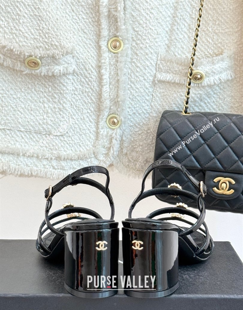 Chanel Calfskin Leather Heel Sandals with Pearl Bloom Black 2025 CH061020 (MD-250610117)