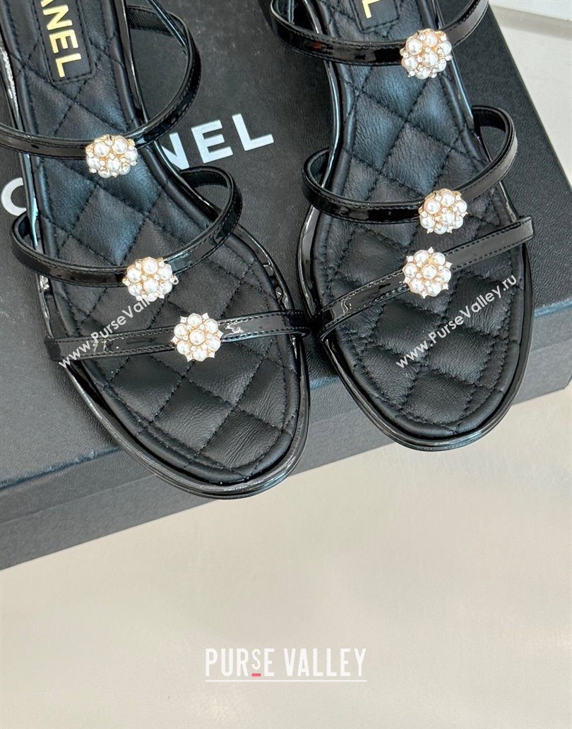 Chanel Calfskin Leather Heel Sandals with Pearl Bloom Black 2025 CH061020 (MD-250610117)