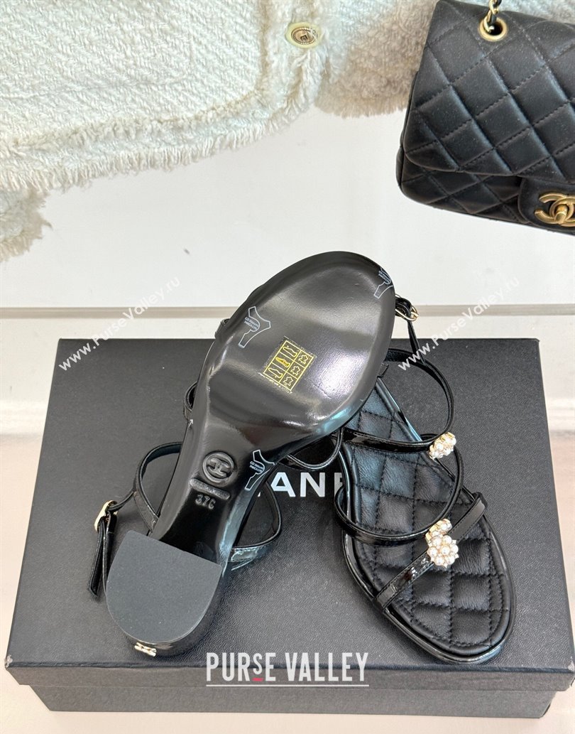 Chanel Calfskin Leather Heel Sandals with Pearl Bloom Black 2025 CH061020 (MD-250610117)
