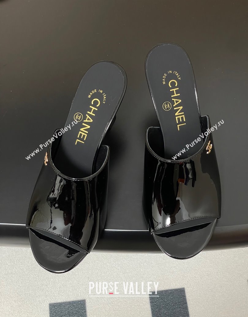 Chanel Patent Calfskin Heel Slides Sandal 8.5cm Black 2025 CH061015 (MD-250610085)