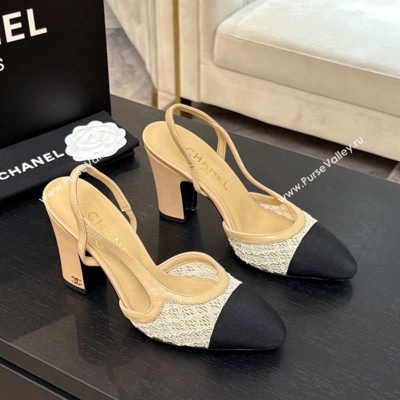 Chanel Embroidery Grosgrain Slingback Pumps 9cm Beige 2025 G45509 (MD-250610124)