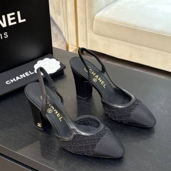 Chanel Embroidery Grosgrain Slingback Pumps 9cm Black 2025 G45509 (MD-250610125)