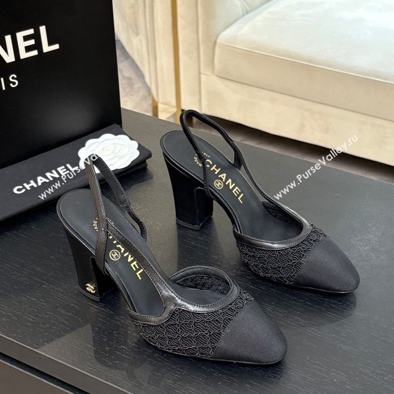 Chanel Embroidery Grosgrain Slingback Pumps 9cm Black 2025 G45509 (MD-250610125)