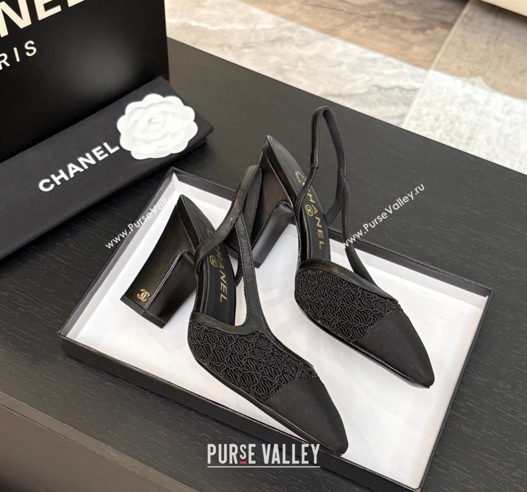Chanel Embroidery Grosgrain Slingback Pumps 9cm Black 2025 G45509 (MD-250610125)