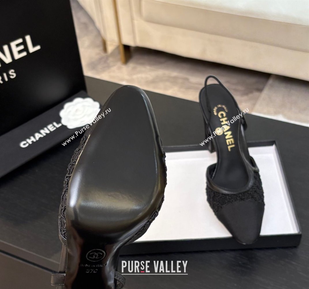 Chanel Embroidery Grosgrain Slingback Pumps 9cm Black 2025 G45509 (MD-250610125)