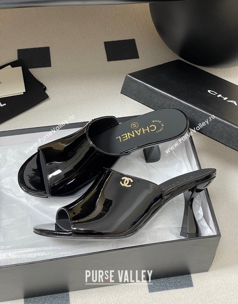 Chanel Patent Calfskin Heel Slides Sandal 8.5cm Black 2025 CH061015 (MD-250610085)