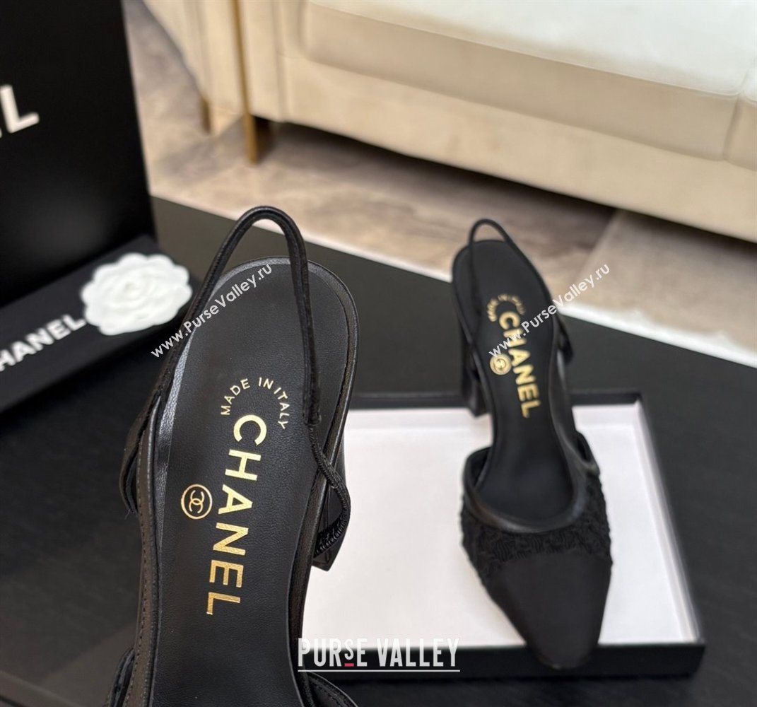 Chanel Embroidery Grosgrain Slingback Pumps 9cm Black 2025 G45509 (MD-250610125)
