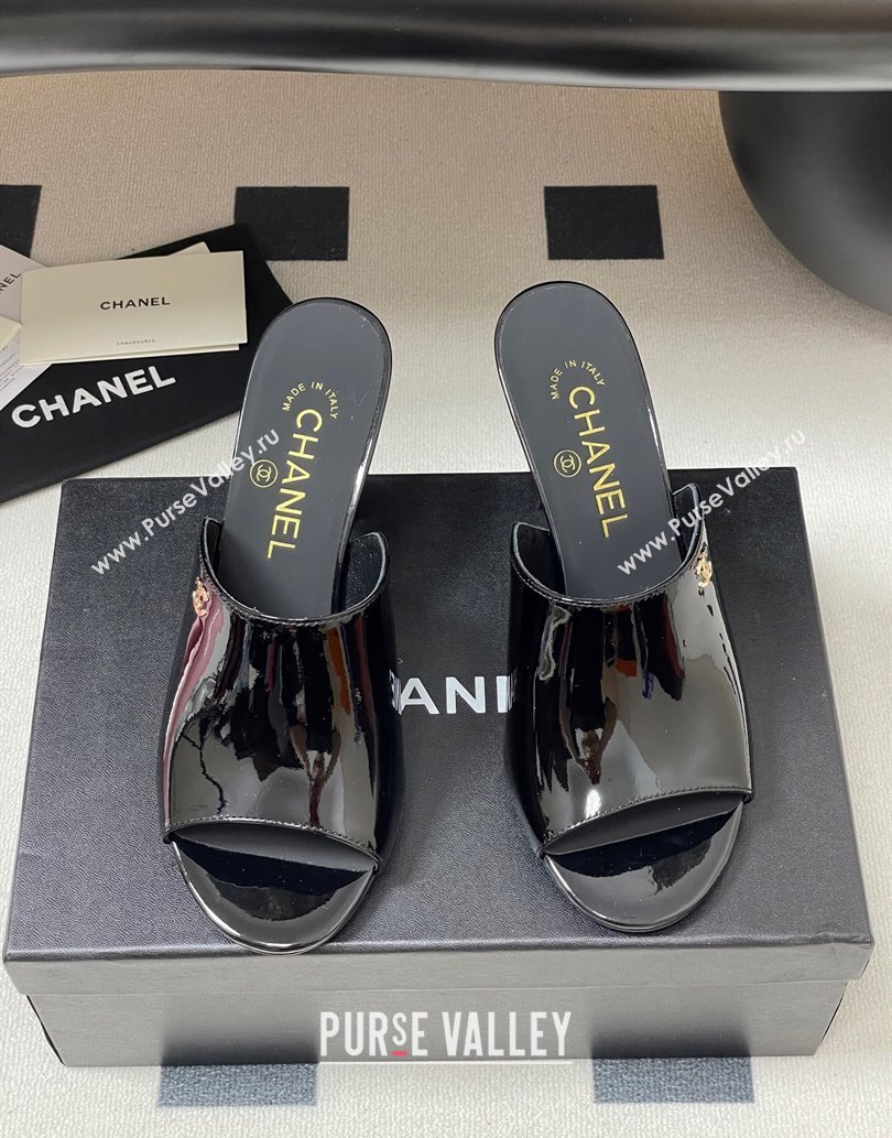 Chanel Patent Calfskin Heel Slides Sandal 8.5cm Black 2025 CH061015 (MD-250610085)