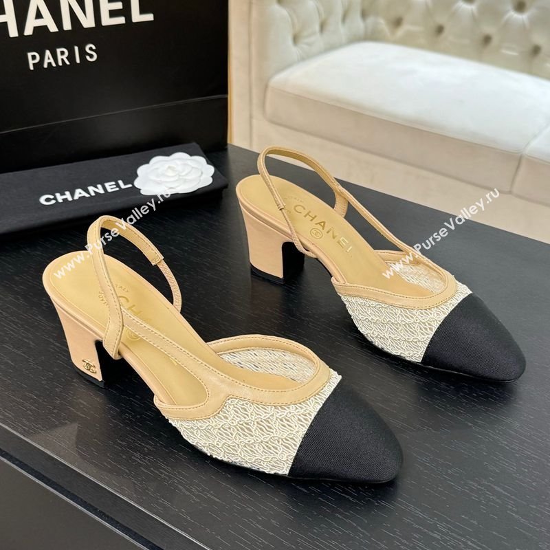 Chanel Embroidery Grosgrain Slingback Pumps 6cm Beige 2025 G31318 (MD-250610127)