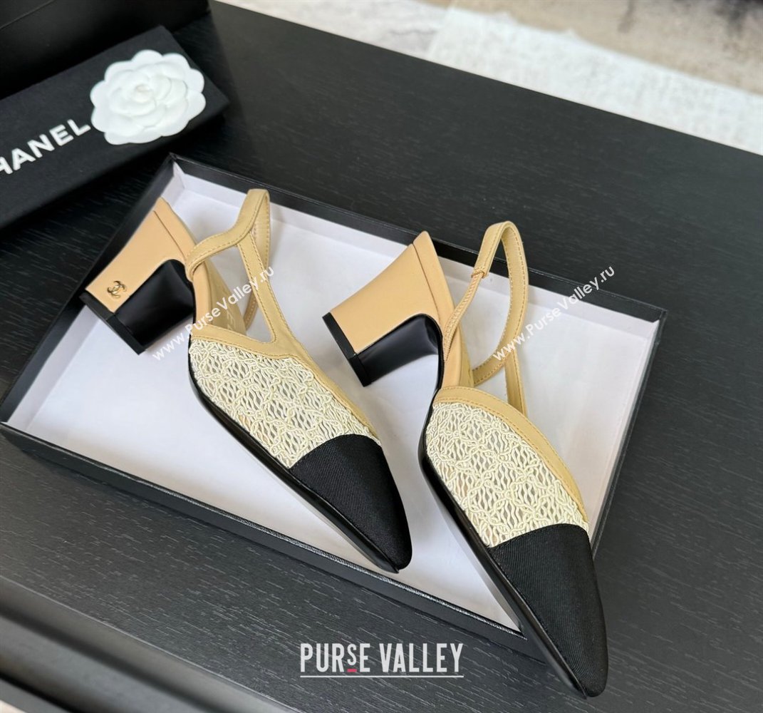 Chanel Embroidery Grosgrain Slingback Pumps 6cm Beige 2025 G31318 (MD-250610127)