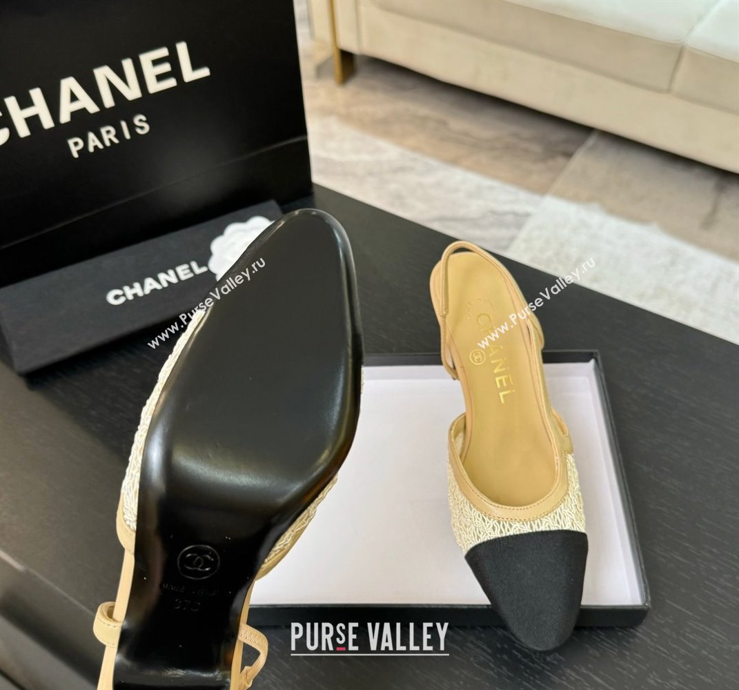 Chanel Embroidery Grosgrain Slingback Pumps 6cm Beige 2025 G31318 (MD-250610127)