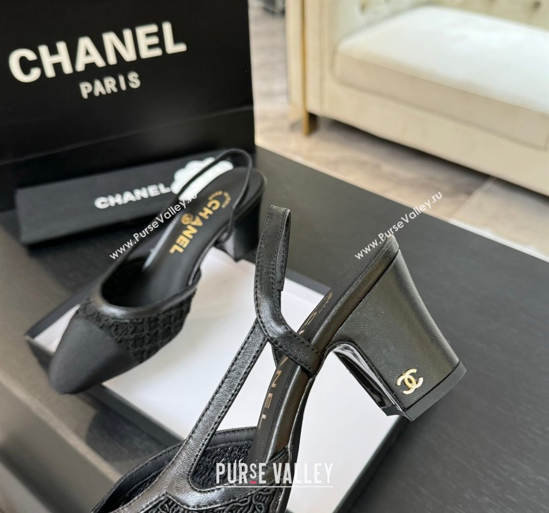 Chanel Embroidery Grosgrain Slingback Pumps 6cm Black 2025 G31318 (MD-250610128)