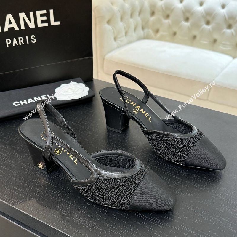 Chanel Embroidery Grosgrain Slingback Pumps 6cm Black 2025 G31318 (MD-250610128)