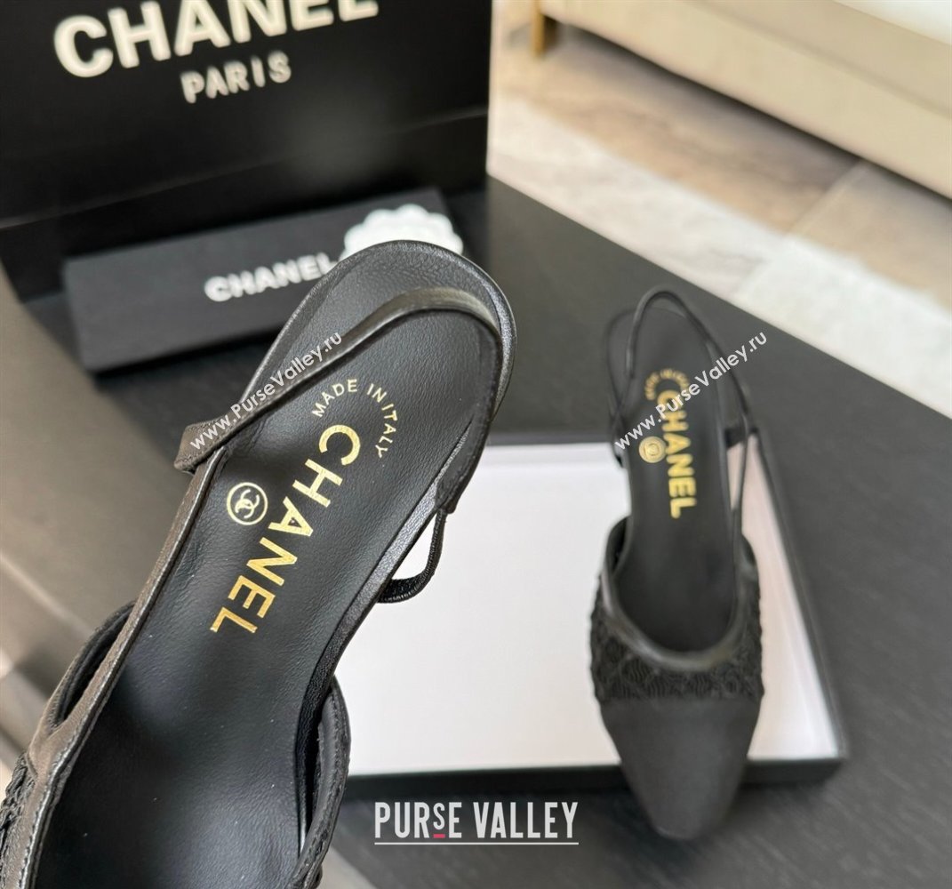 Chanel Embroidery Grosgrain Slingback Pumps 6cm Black 2025 G31318 (MD-250610128)