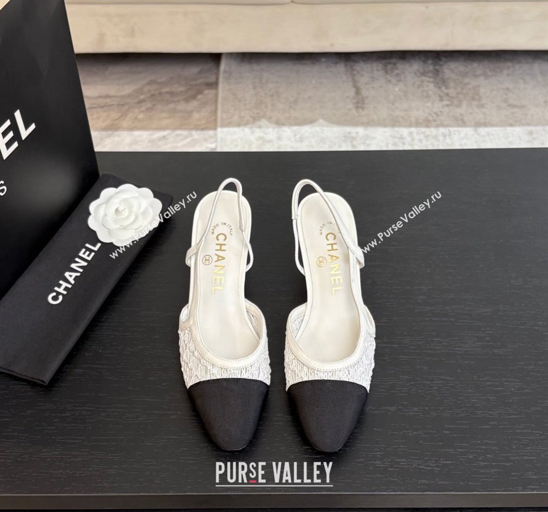 Chanel Embroidery Grosgrain Slingback Pumps 6cm White 2025 G31318 (MD-250610129)