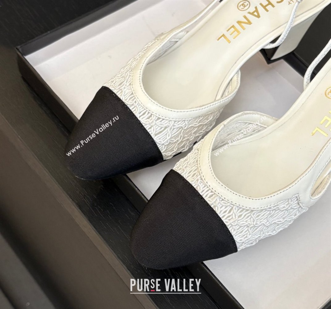Chanel Embroidery Grosgrain Slingback Pumps 6cm White 2025 G31318 (MD-250610129)