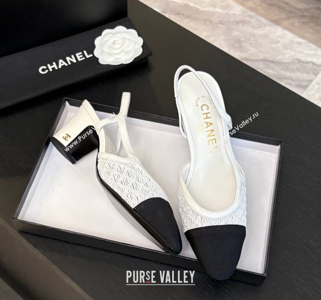 Chanel Embroidery Grosgrain Slingback Pumps 6cm White 2025 G31318 (MD-250610129)