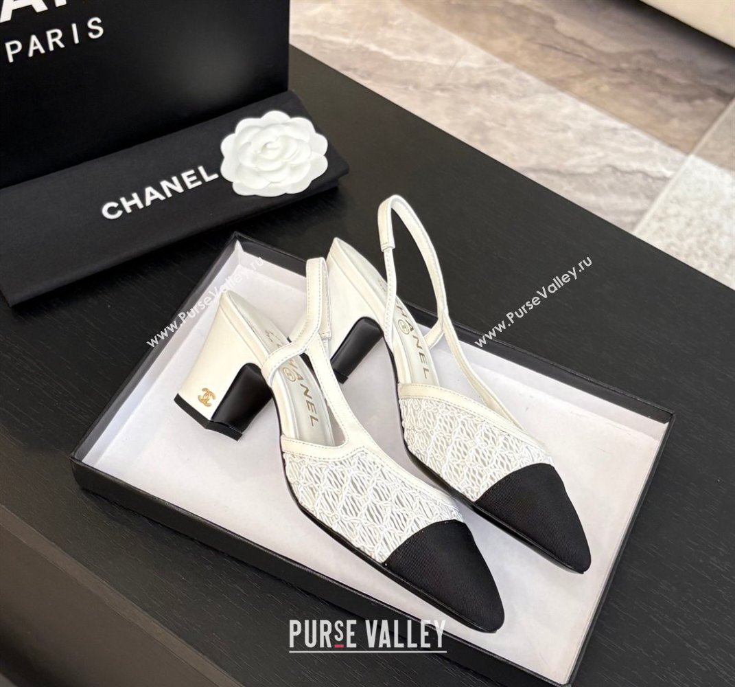 Chanel Embroidery Grosgrain Slingback Pumps 6cm White 2025 G31318 (MD-250610129)
