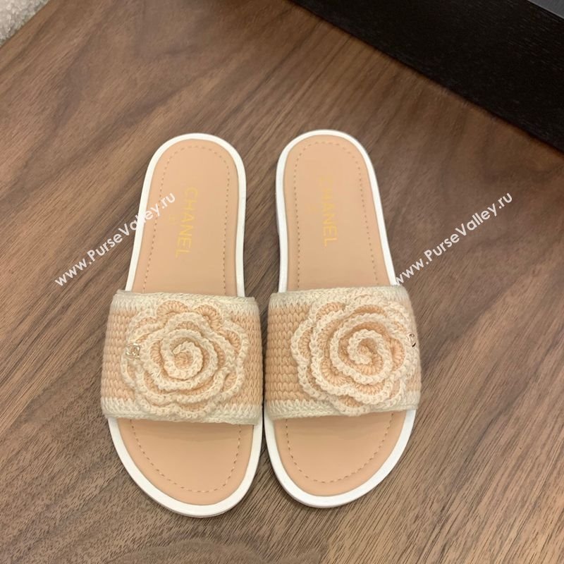 Chanel Knit Flat Slides Sandal with Camellia Bloom Beige 2025 CH061024 (MD-250610138)