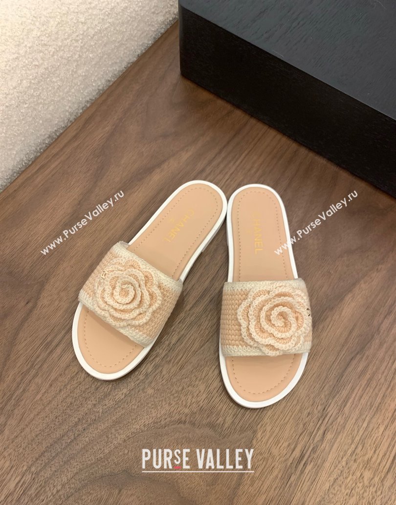Chanel Knit Flat Slides Sandal with Camellia Bloom Beige 2025 CH061024 (MD-250610138)