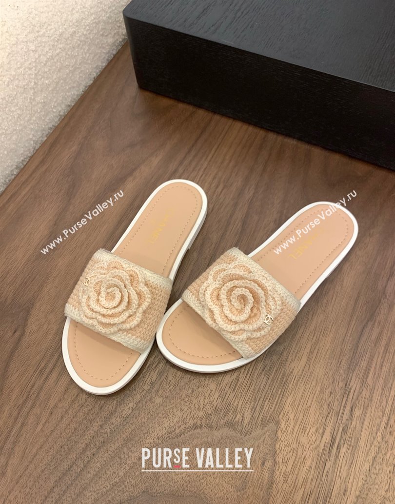 Chanel Knit Flat Slides Sandal with Camellia Bloom Beige 2025 CH061024 (MD-250610138)