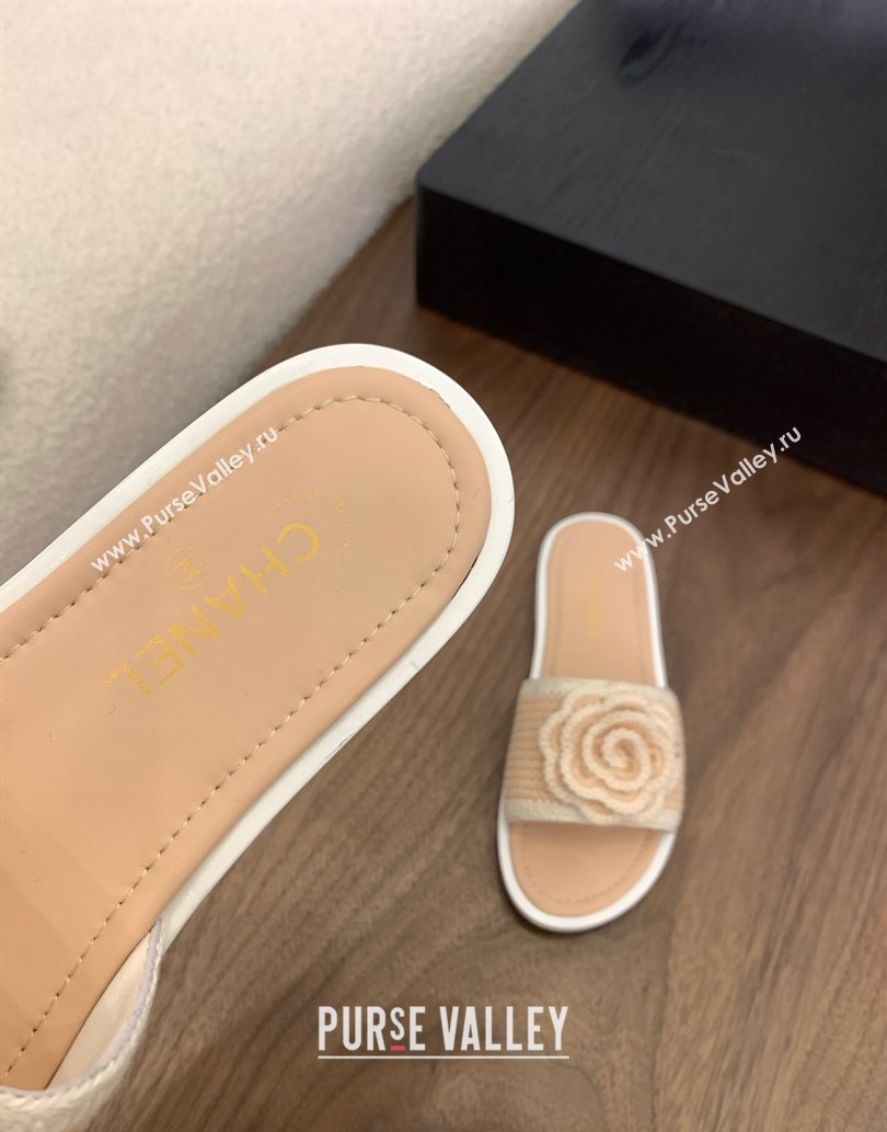 Chanel Knit Flat Slides Sandal with Camellia Bloom Beige 2025 CH061024 (MD-250610138)