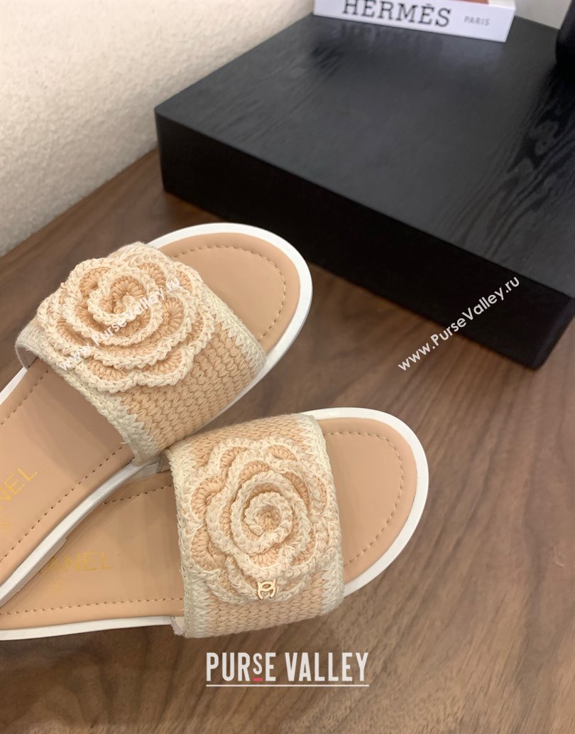 Chanel Knit Flat Slides Sandal with Camellia Bloom Beige 2025 CH061024 (MD-250610138)