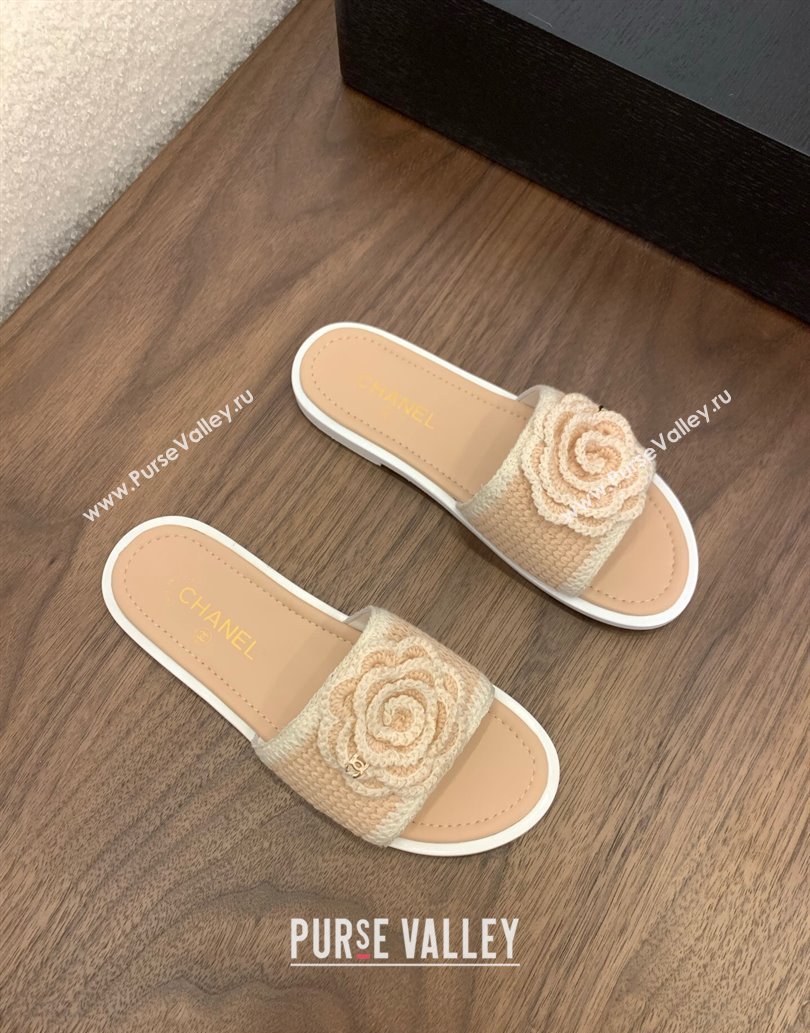 Chanel Knit Flat Slides Sandal with Camellia Bloom Beige 2025 CH061024 (MD-250610138)