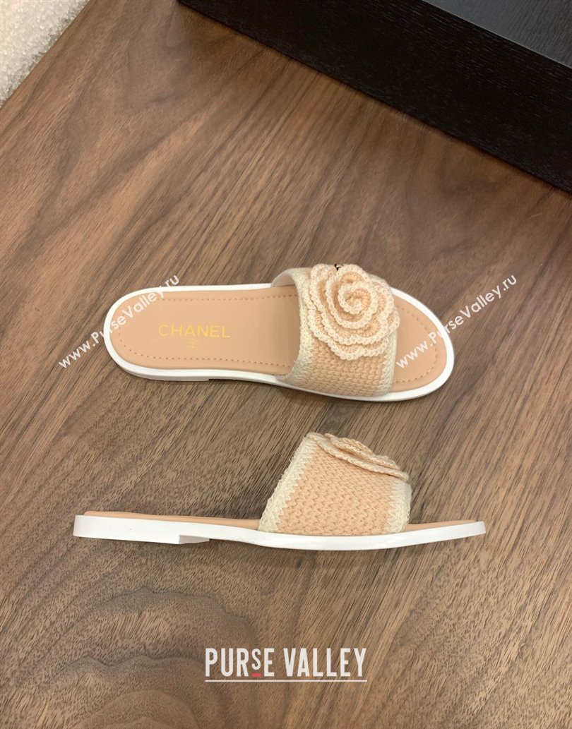 Chanel Knit Flat Slides Sandal with Camellia Bloom Beige 2025 CH061024 (MD-250610138)