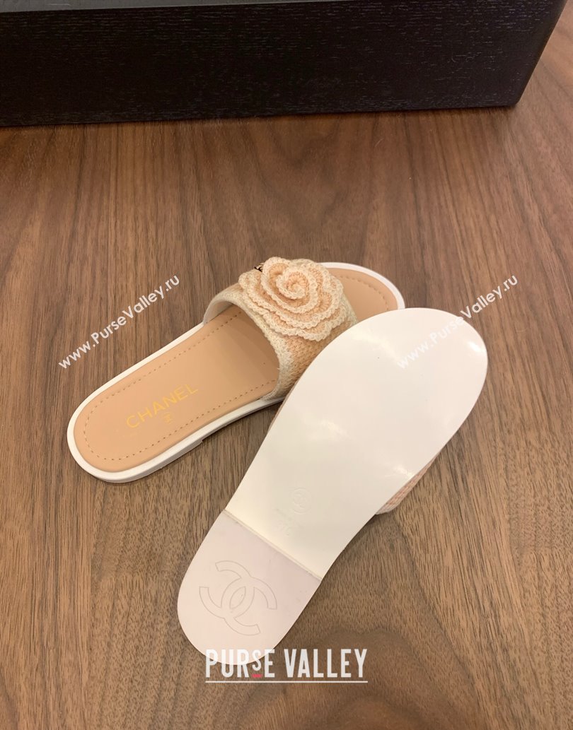 Chanel Knit Flat Slides Sandal with Camellia Bloom Beige 2025 CH061024 (MD-250610138)