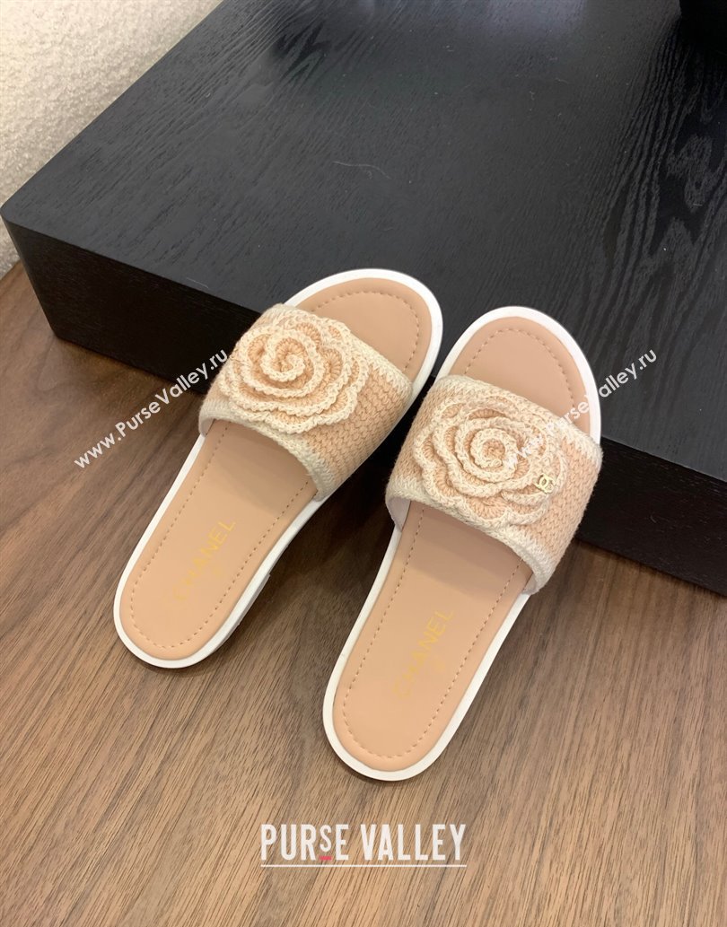 Chanel Knit Flat Slides Sandal with Camellia Bloom Beige 2025 CH061024 (MD-250610138)