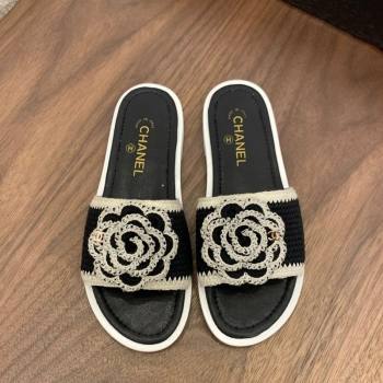 Chanel Knit Flat Slides Sandal with Camellia Bloom Black 2025 CH061024 (MD-250610140)
