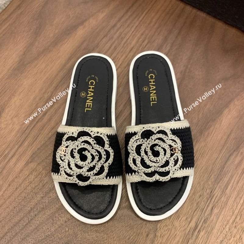 Chanel Knit Flat Slides Sandal with Camellia Bloom Black 2025 CH061024 (MD-250610140)