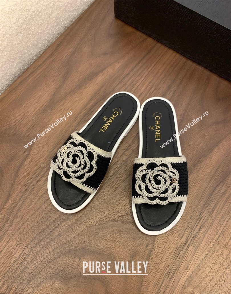 Chanel Knit Flat Slides Sandal with Camellia Bloom Black 2025 CH061024 (MD-250610140)